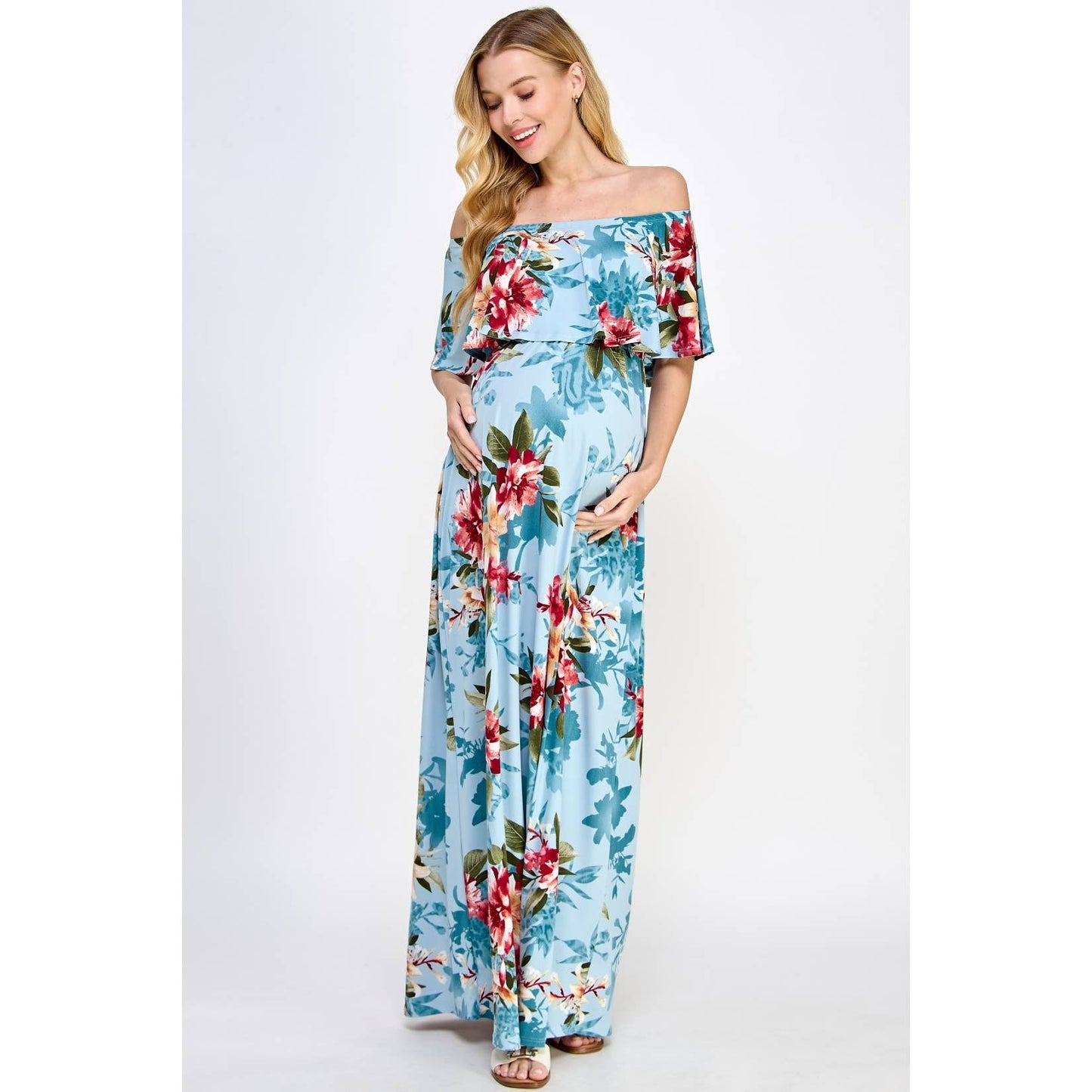 Ruffle Off Shoulder Maxi Maternity Dress