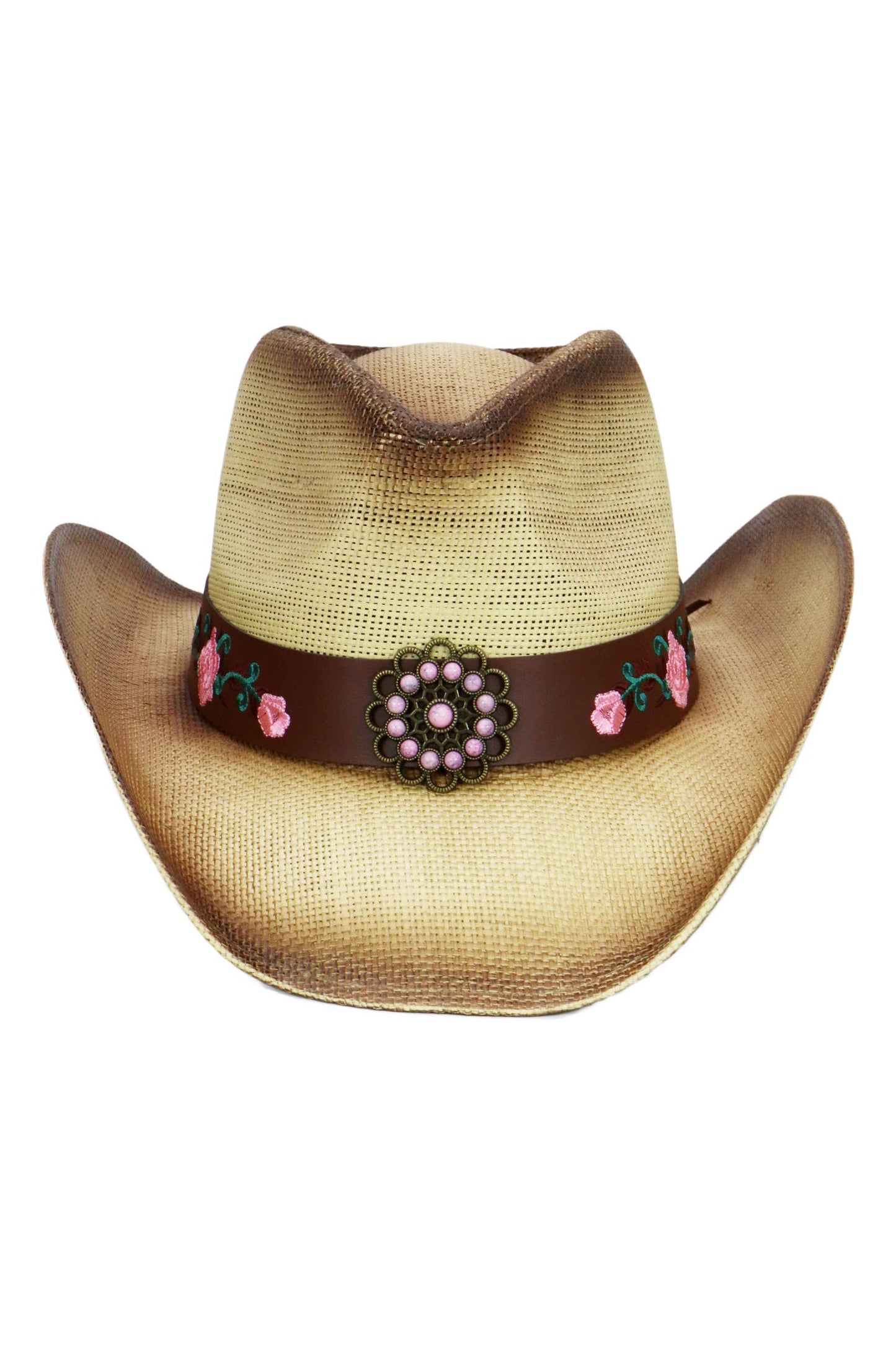Pink Rose Concho Belt Ombre Straw Cowboy Hat