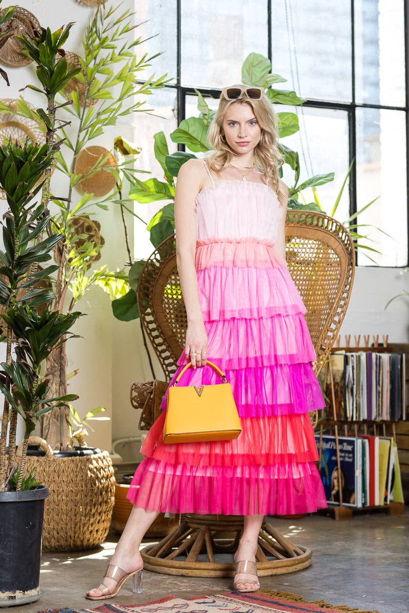 Pink Multi Tulle Midi Dress