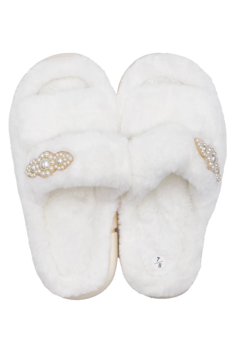 Faux Pearl Decor Double Strap Fluffy Fur Cloud Slides