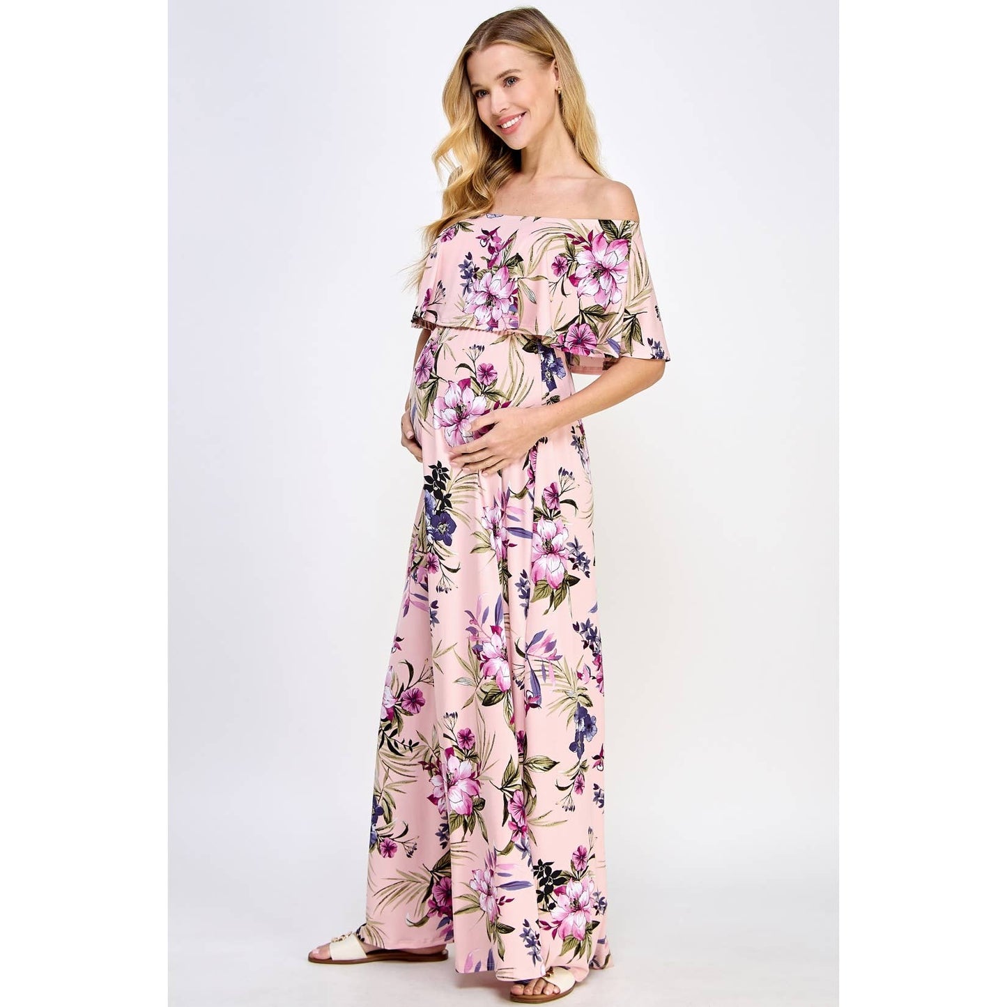 Ruffle Off Shoulder Maxi Maternity Dress