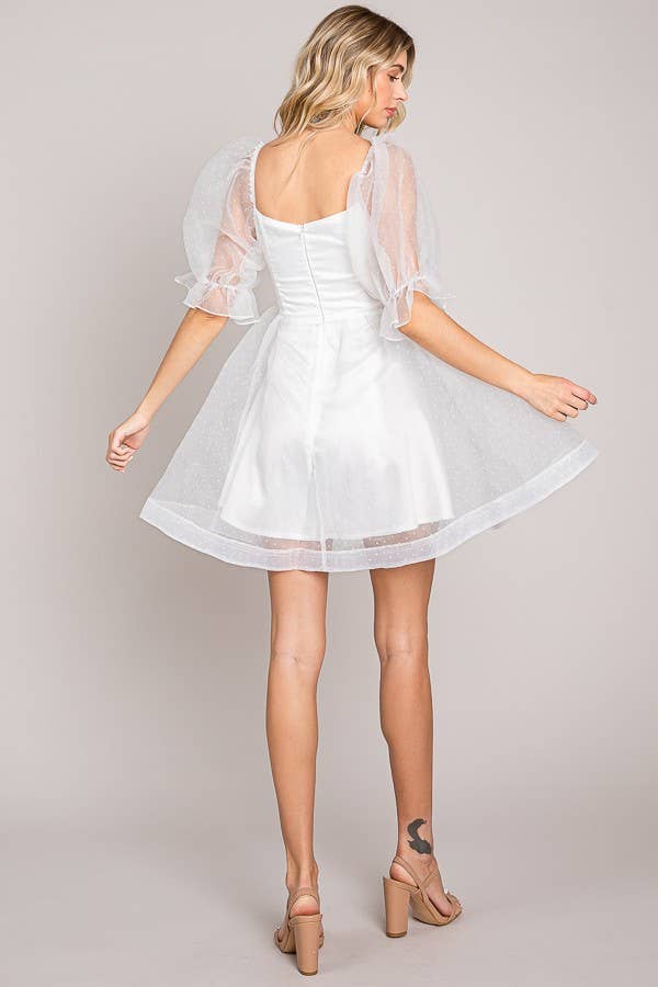 FSD801821-STK - On or Off Shoulder Sheer Sleeve Mini Dress