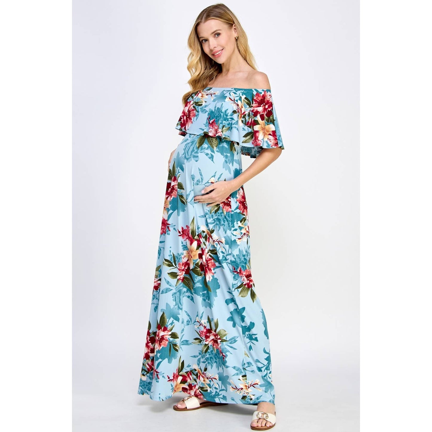 Ruffle Off Shoulder Maxi Maternity Dress