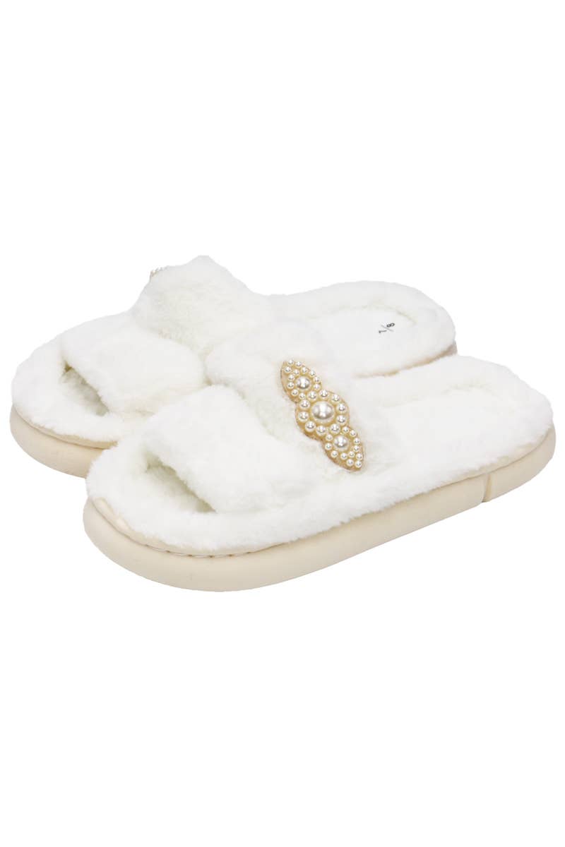 Faux Pearl Decor Double Strap Fluffy Fur Cloud Slides