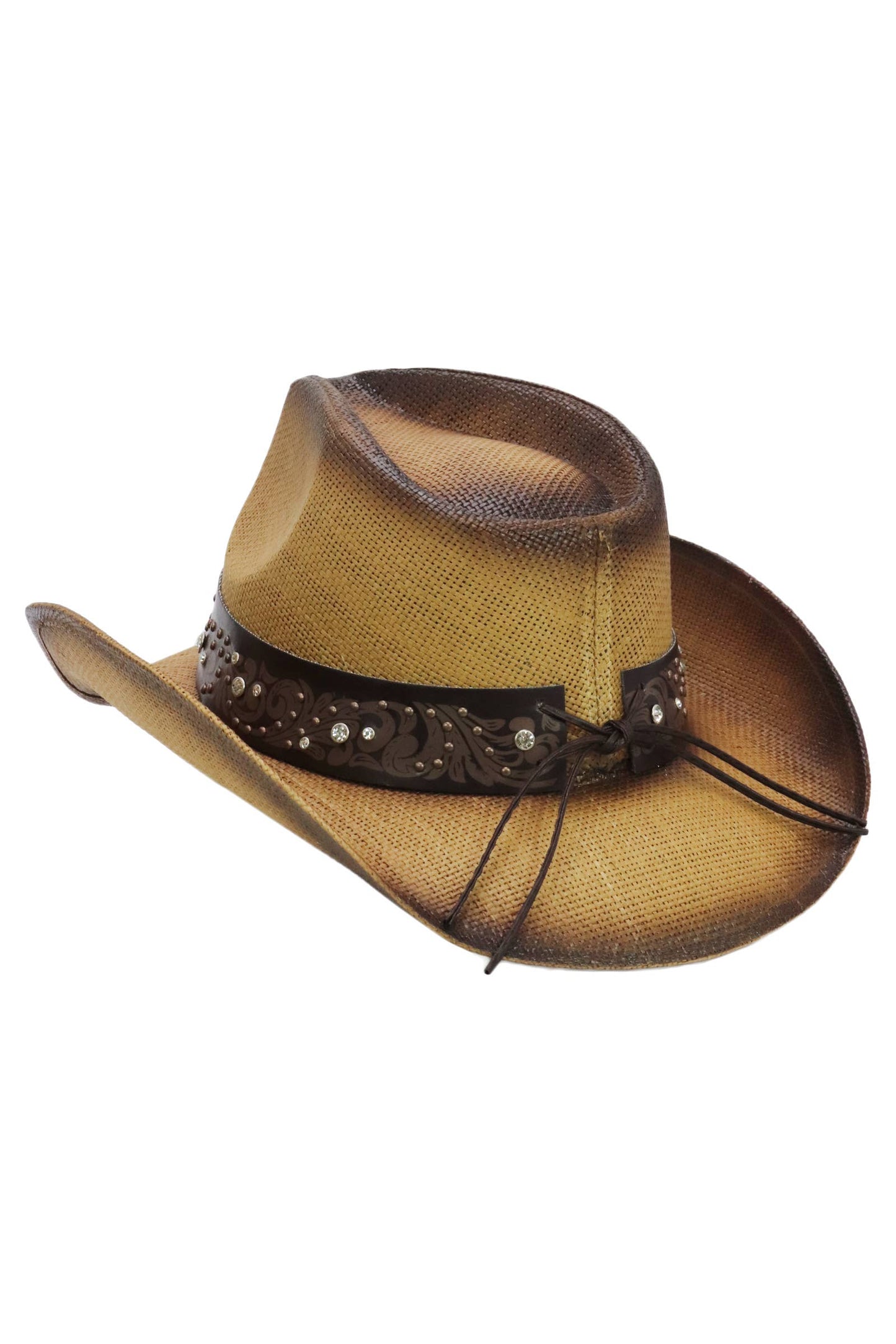 Heart Bling Rhinestone Belt Ombre Straw Cowboy Hat