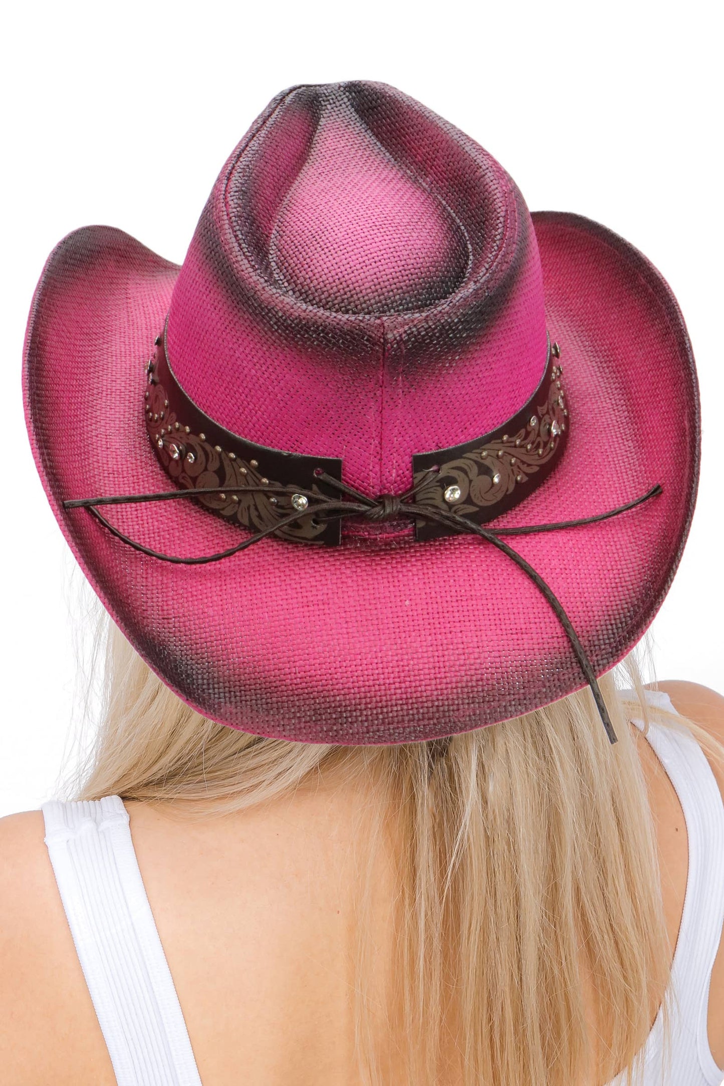 Heart Bling Rhinestone Belt Ombre Straw Cowboy Hat