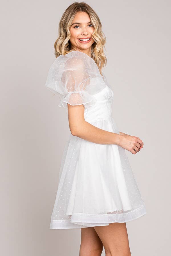 FSD801821-STK - On or Off Shoulder Sheer Sleeve Mini Dress