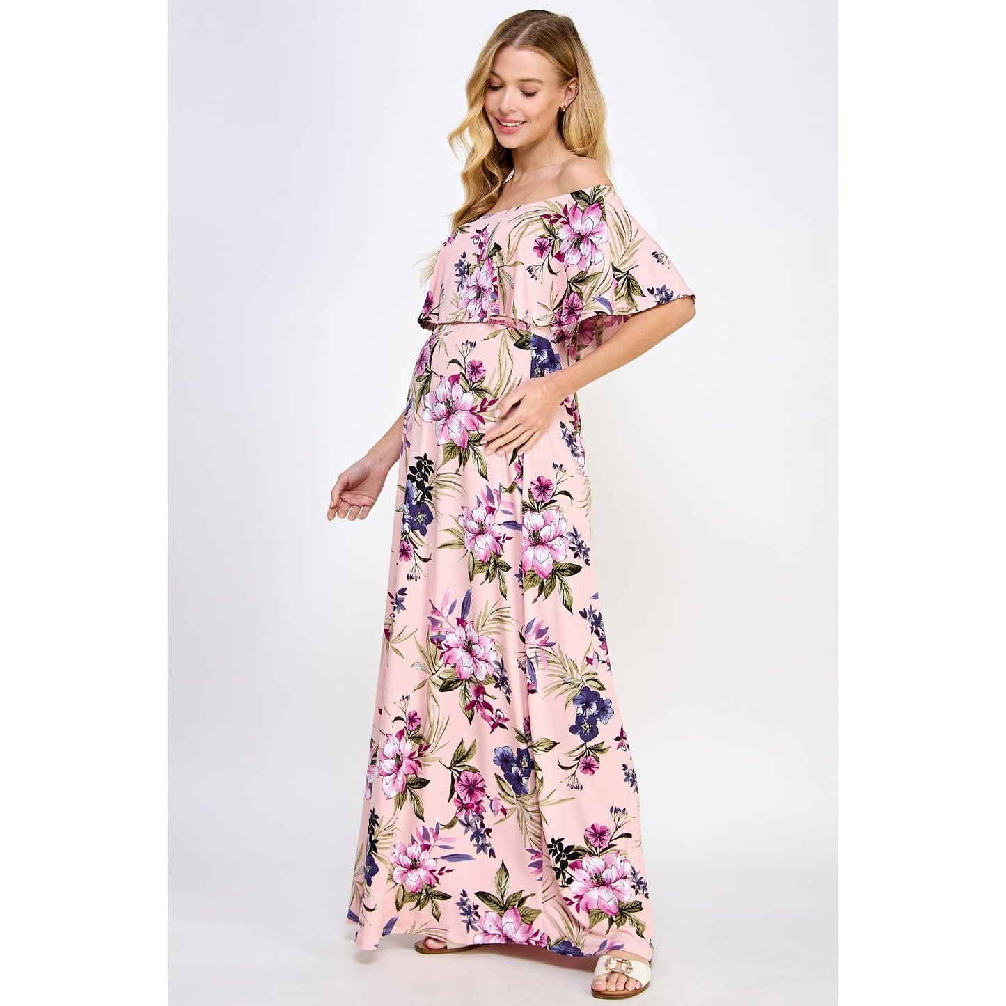 Ruffle Off Shoulder Maxi Maternity Dress