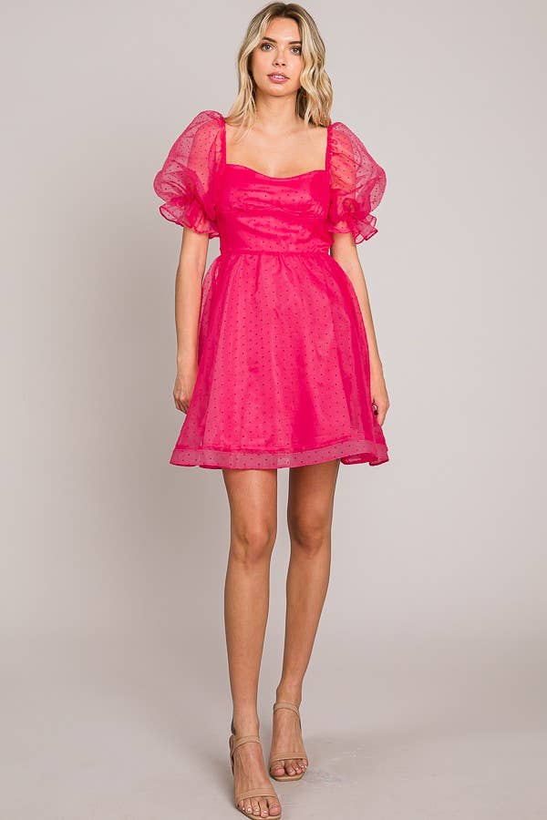 FSD801821-STK - On or Off Shoulder Sheer Sleeve Mini Dress