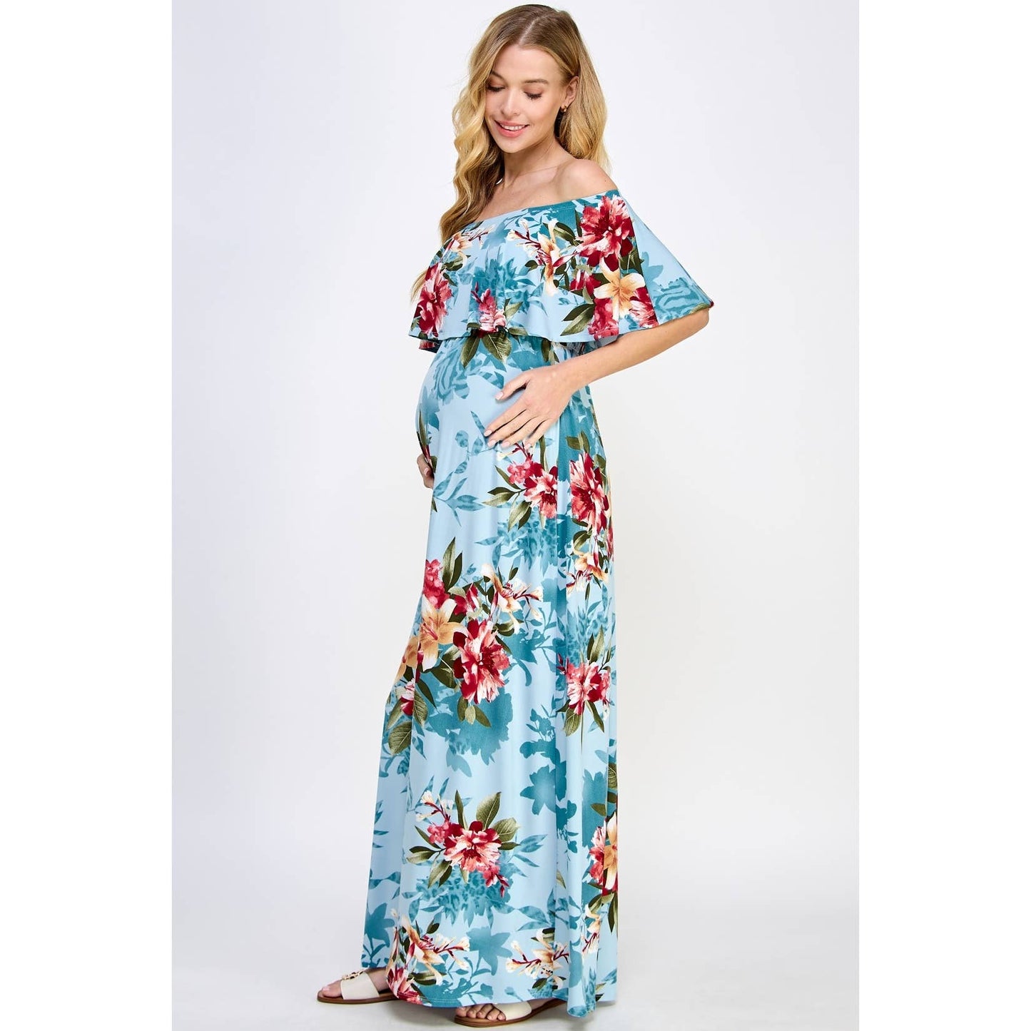 Ruffle Off Shoulder Maxi Maternity Dress