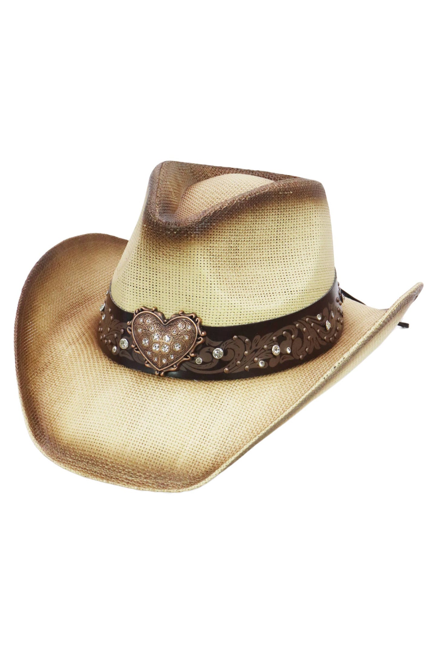 Heart Bling Rhinestone Belt Ombre Straw Cowboy Hat