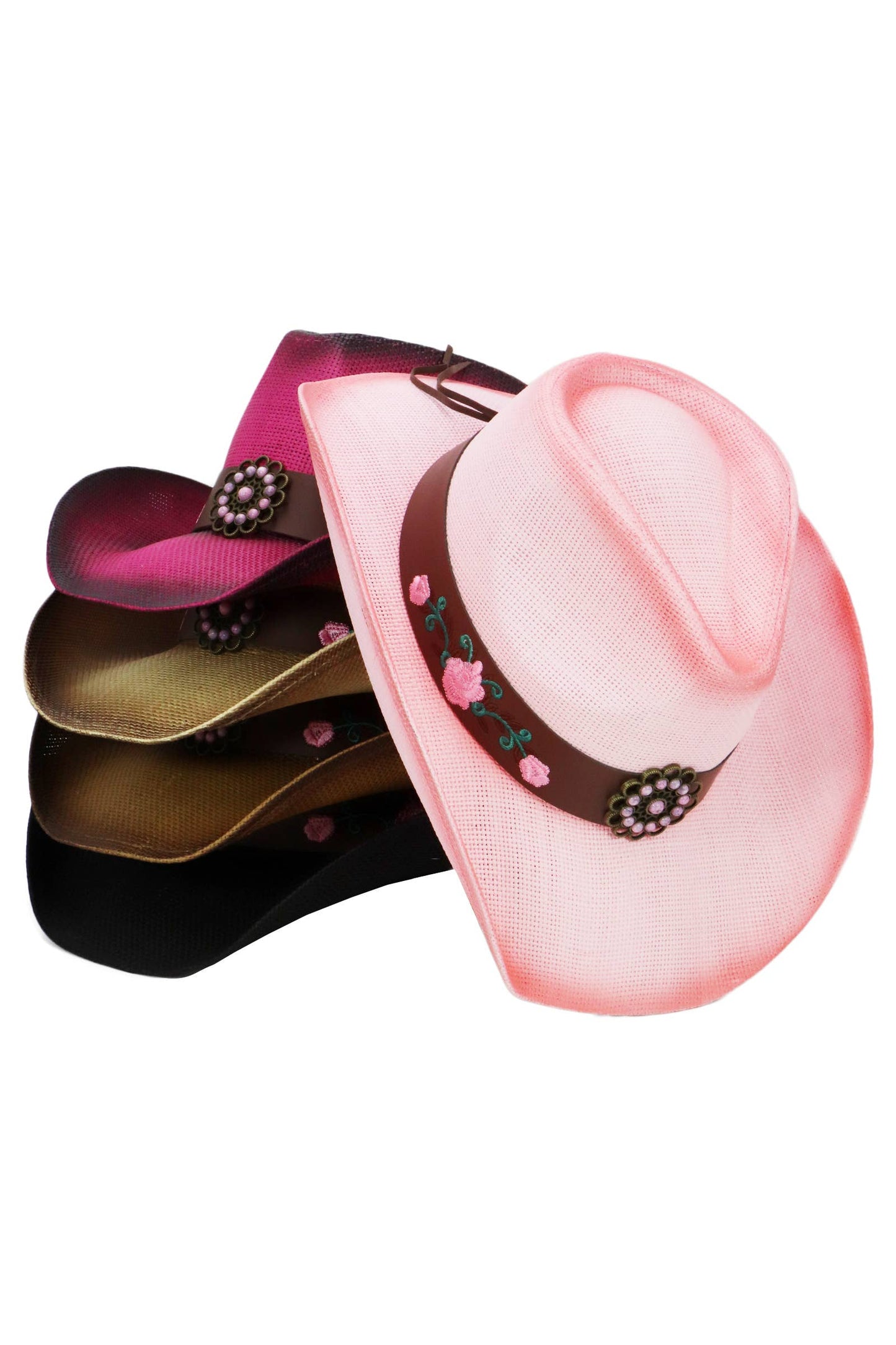 Pink Rose Concho Belt Ombre Straw Cowboy Hat