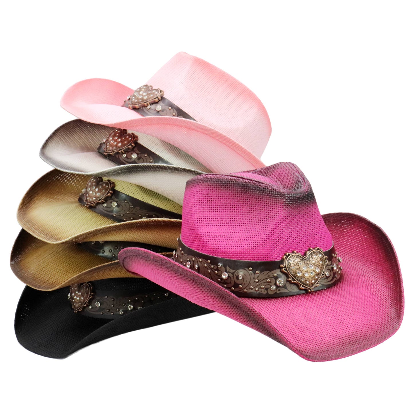 Heart Bling Rhinestone Belt Ombre Straw Cowboy Hat