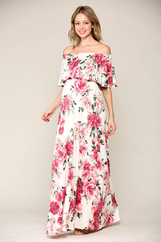Pink Floral Off The Shoulder Maternity Maxi Dress