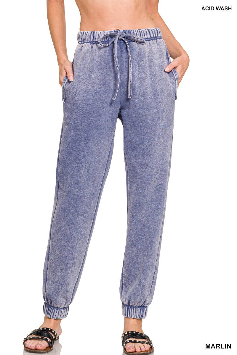 Acid Wash Fleece Sweatpants With Pockets