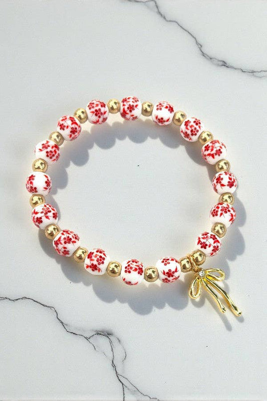 Jen Red Floral Bow Beaded Bracelet