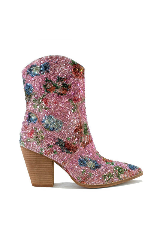 AUTUMN-06NC Floral Rhinestone Western Block Heel Ankle Boots