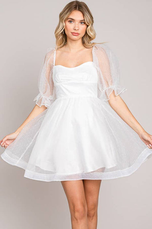 FSD801821-STK - On or Off Shoulder Sheer Sleeve Mini Dress