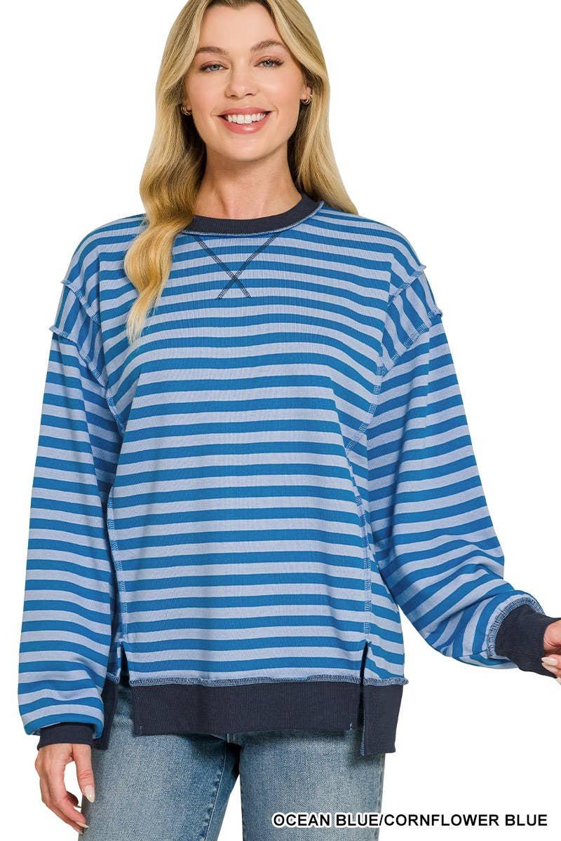 French Terry Striped Long Sleeve Pullover