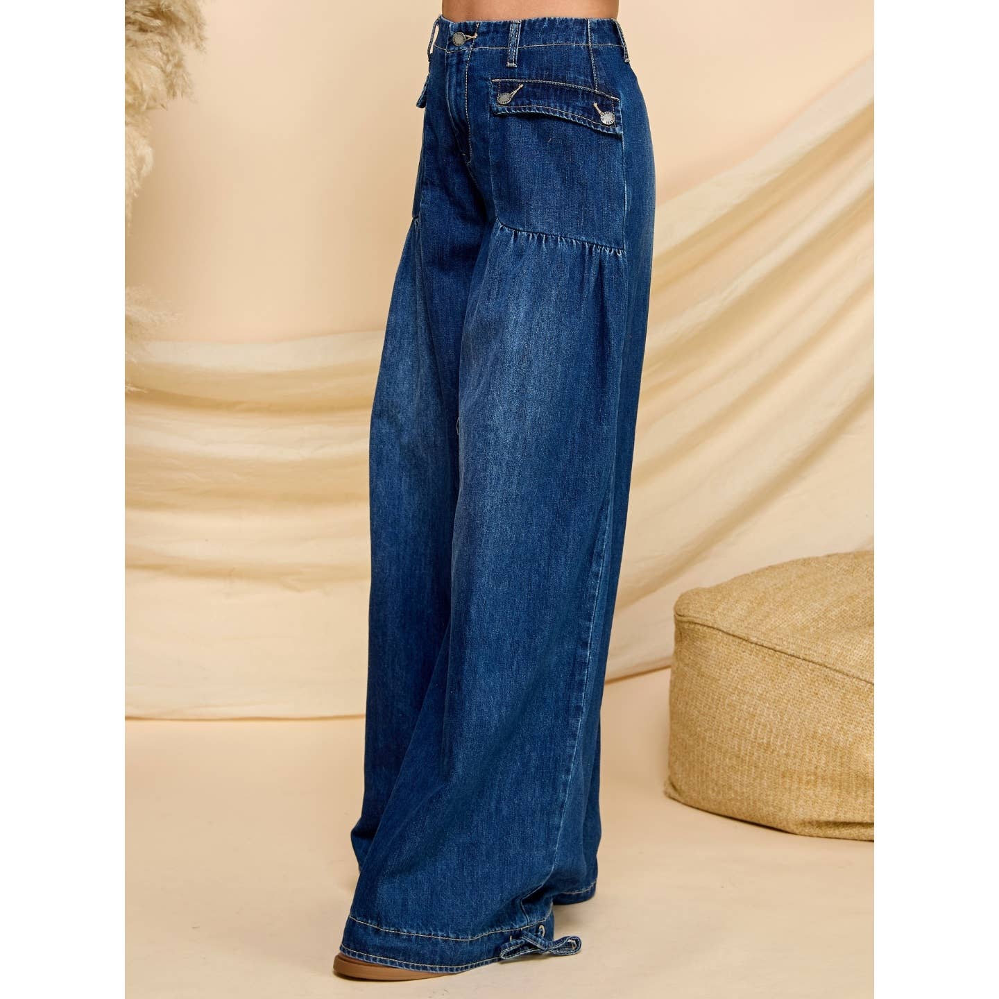 Ankle Drawstring Wide Denim Pants