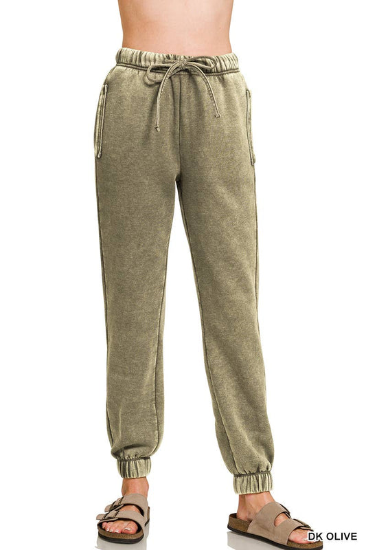 Acid Wash Fleece Sweatpants With Pockets