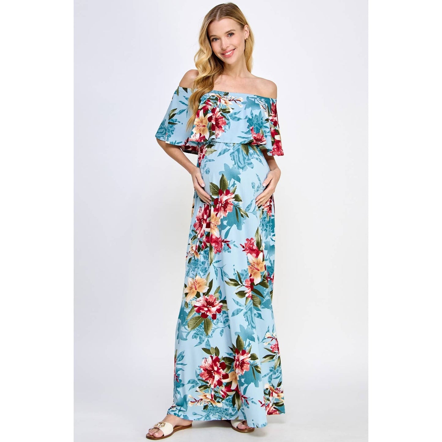 Ruffle Off Shoulder Maxi Maternity Dress