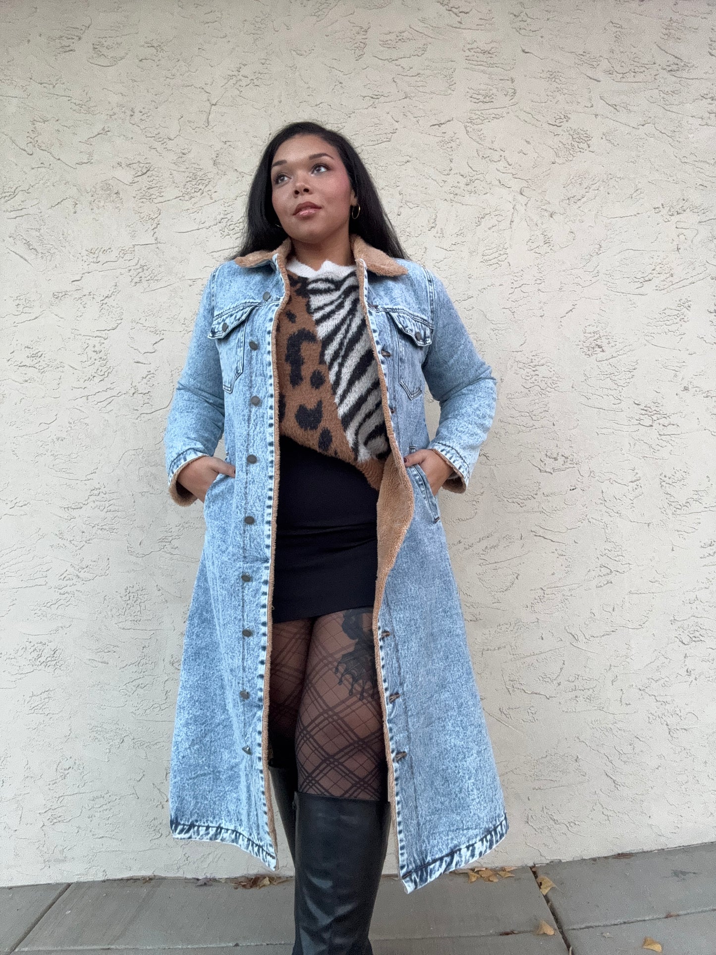 Teddy Lined Long Denim Jacket