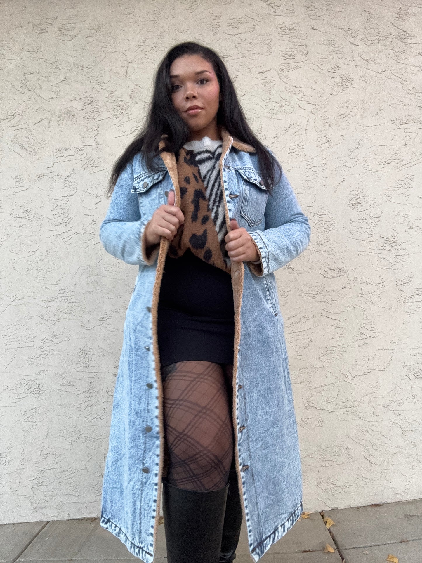 Teddy Lined Long Denim Jacket