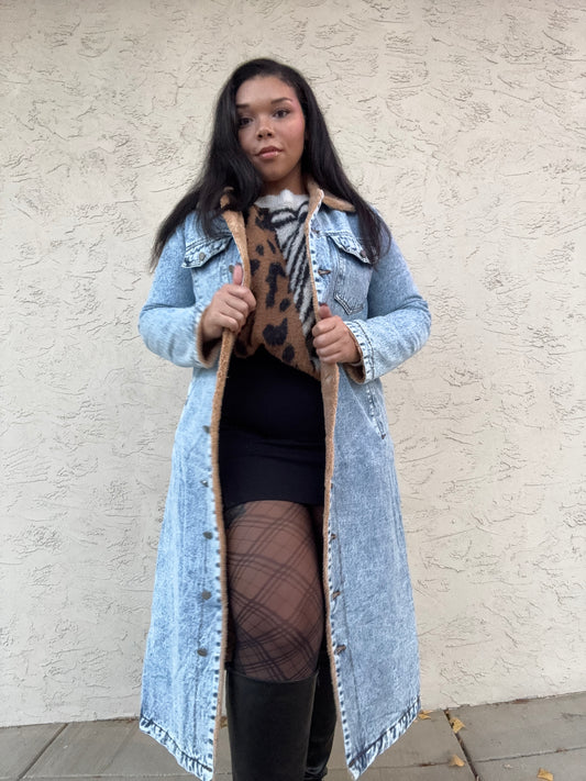 Teddy Lined Long Denim Jacket