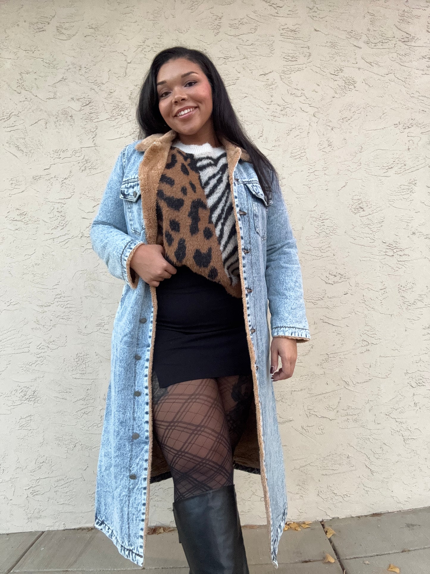 Teddy Lined Long Denim Jacket