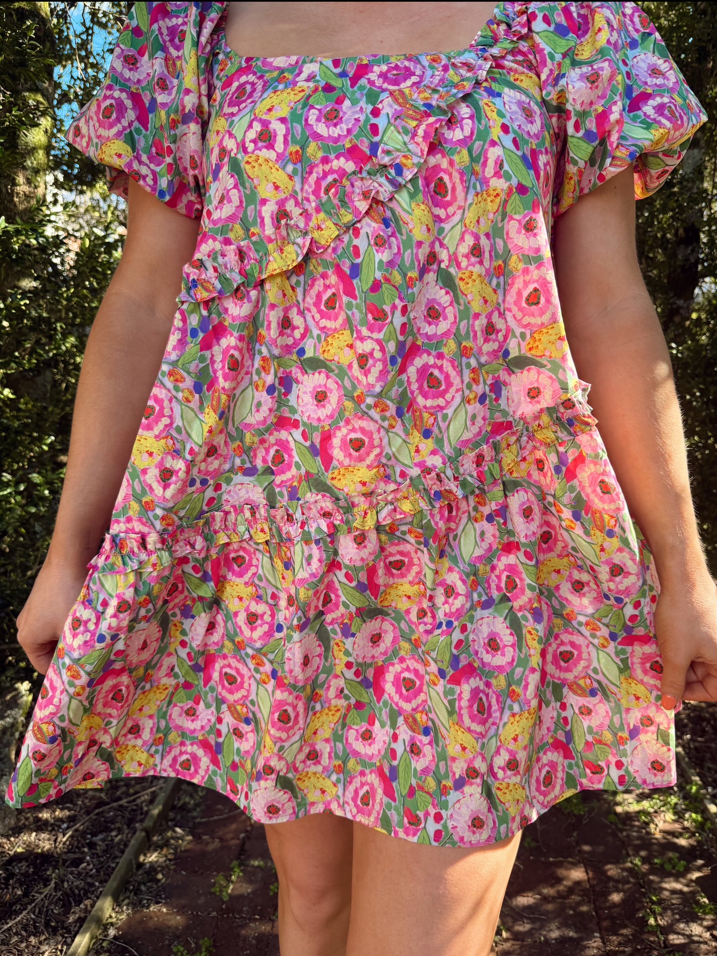 Floral Asymmetic Ruffle Poplin Mini Dress
