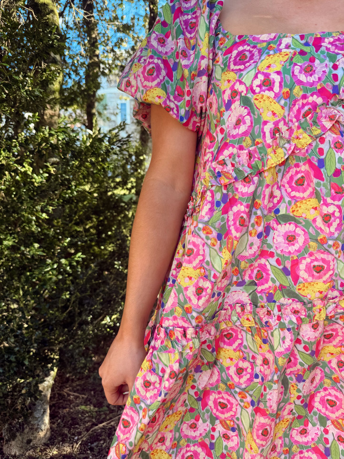 Floral Asymmetic Ruffle Poplin Mini Dress