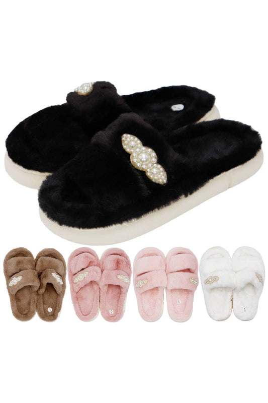 Faux Pearl Decor Double Strap Fluffy Fur Cloud Slides