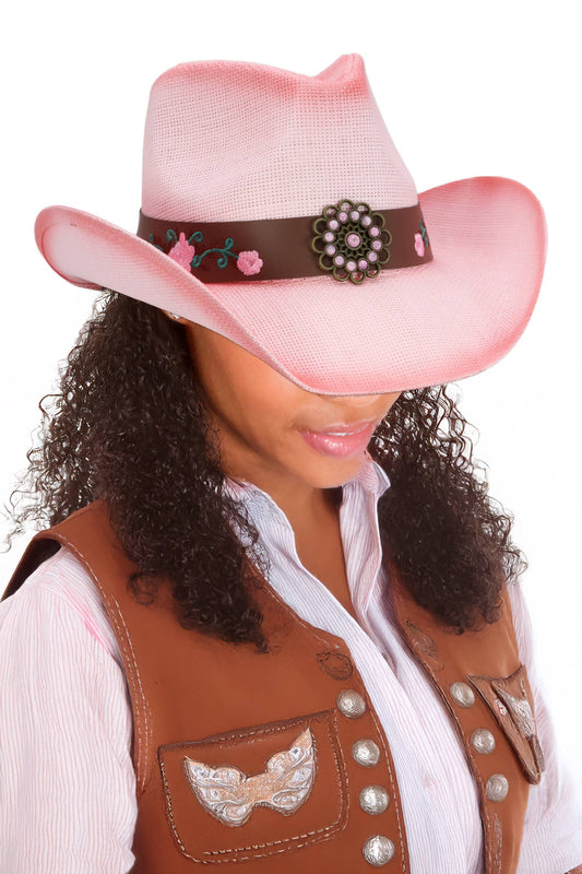 Pink Rose Concho Belt Ombre Straw Cowboy Hat