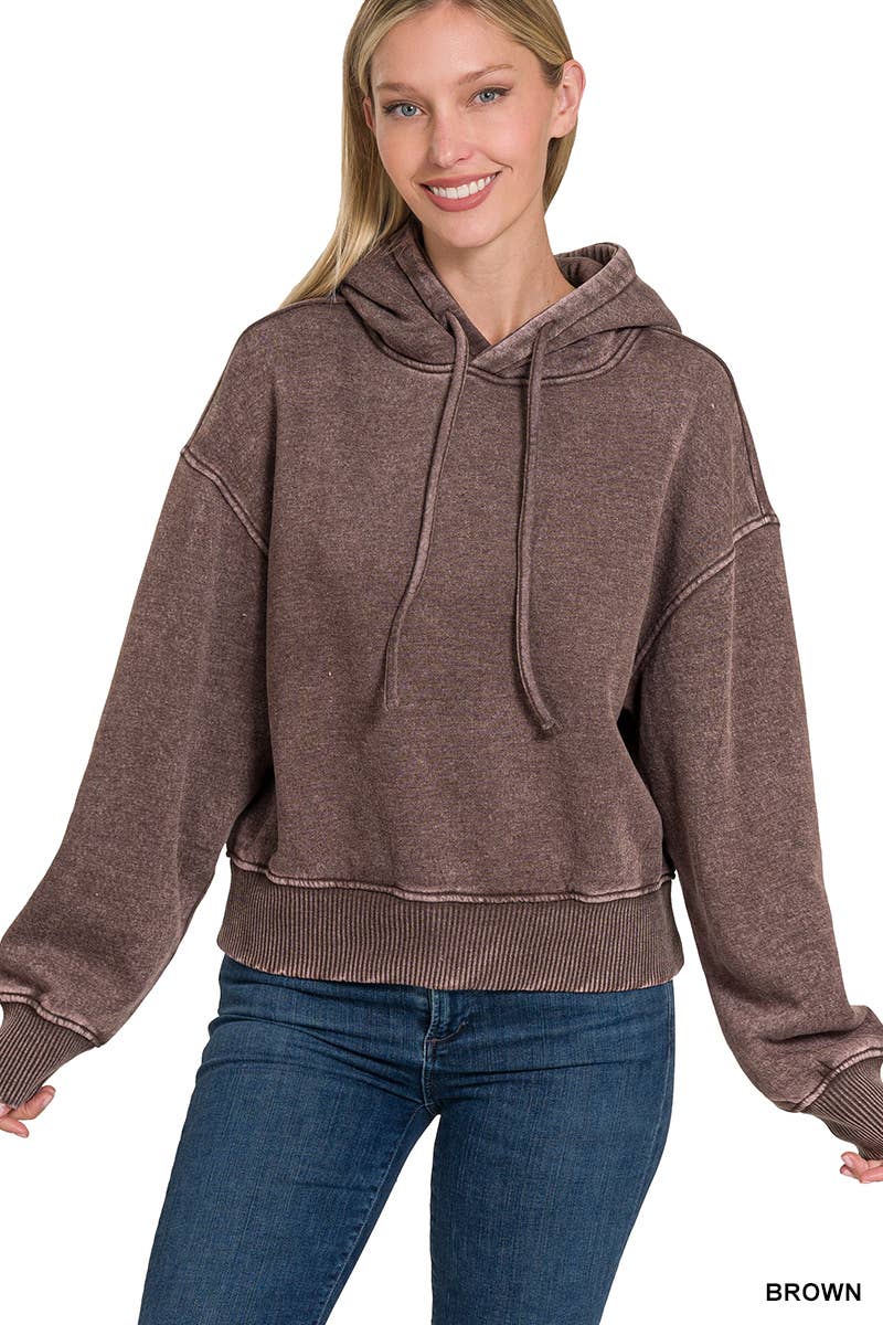Acid Wash Fleece Cropped Hoodie