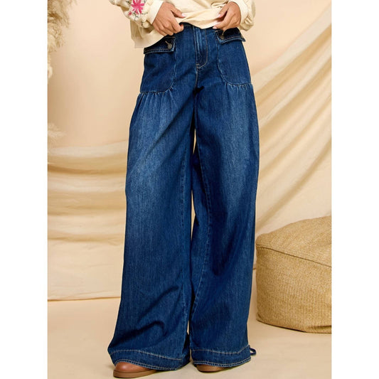 Ankle Drawstring Wide Denim Pants