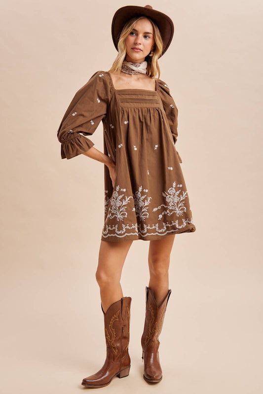 PLEAT DETAIL EMBROIDERED MINI DRESS
