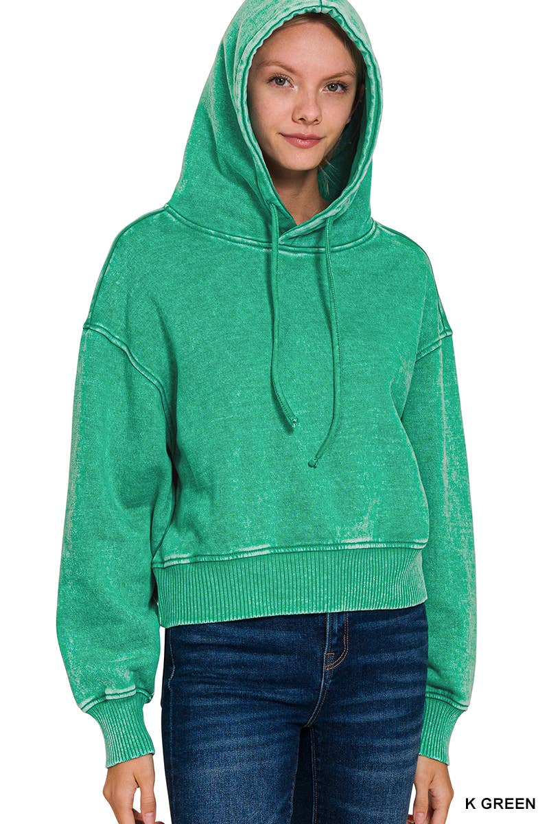 Acid Wash Fleece Cropped Hoodie