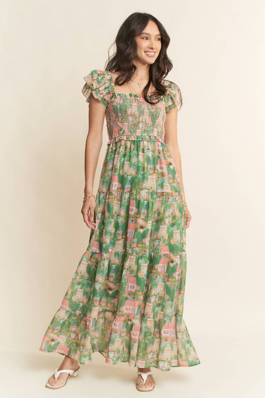 VILLAGE SMOCKING BODICE RUFFLE SLEEVE MAXI DRESS