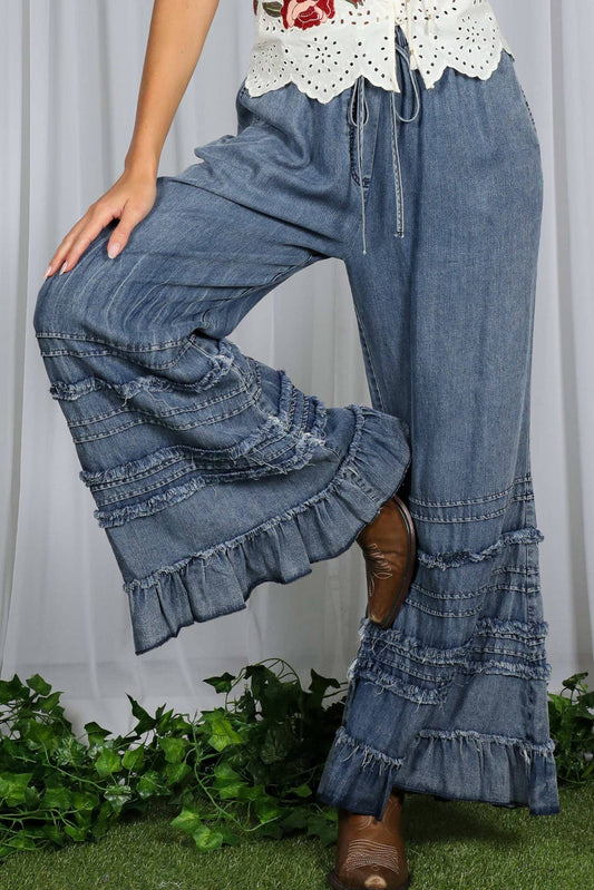 Flared Ruffle Hem Washed Chambray Crop Denim Pants VP83039