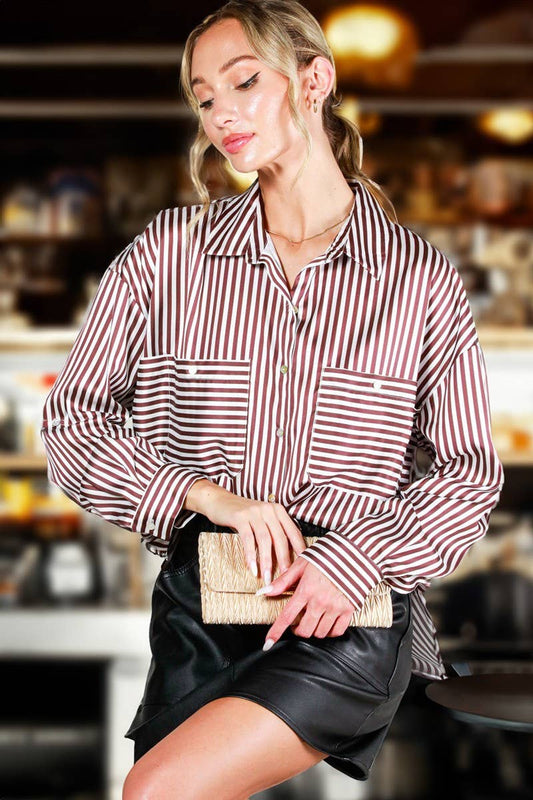 Collar Neckline Pocket Detail Striped Satin Shirt VT81314