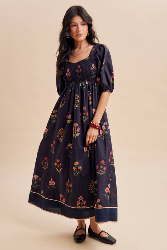 SMOCKED FLORAL PRINT MAXI DRESS